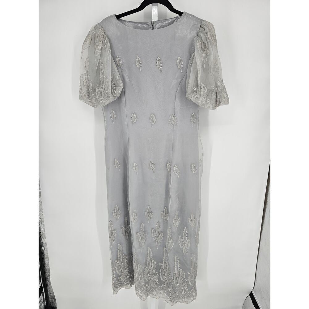 Vintage Women's Silver Floral Mesh Small Puff Sleeve Fit & Flare Dress Size L